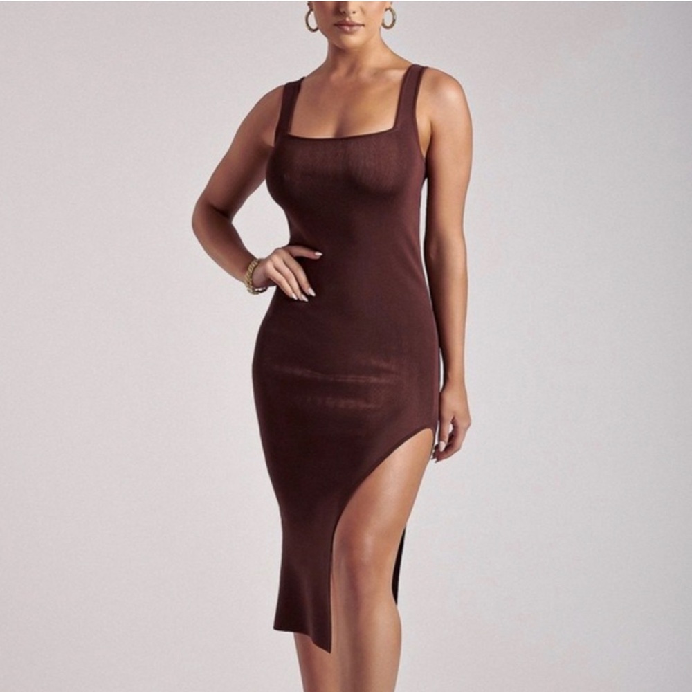 Meshki brown bandage midi bodycon dress with slit size small